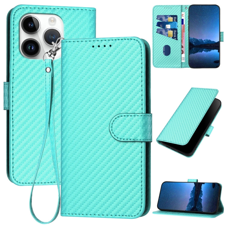 غطاء هاتف من جلد ألياف الكربون مع إبزيم وحبل معصم YX0070، لهواتف iPhone 16 Pro، iPhone 16 Plus، iPhone 16، iPhone 15 Pro Max، iPhone 15 Pro، iPhone 15 Plus