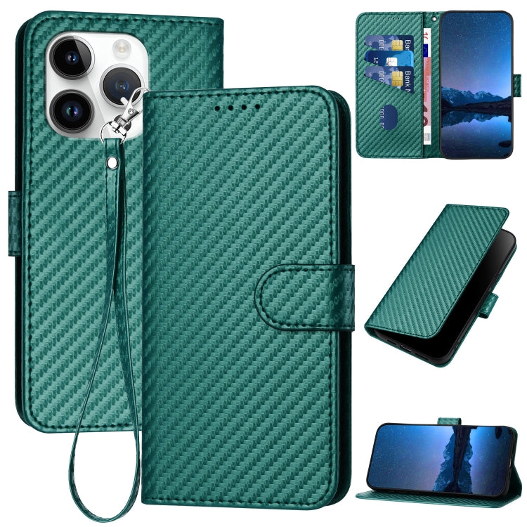 غطاء هاتف من جلد ألياف الكربون مع إبزيم وحبل معصم YX0070، لهواتف iPhone 16 Pro، iPhone 16 Plus، iPhone 16، iPhone 15 Pro Max، iPhone 15 Pro، iPhone 15 Plus