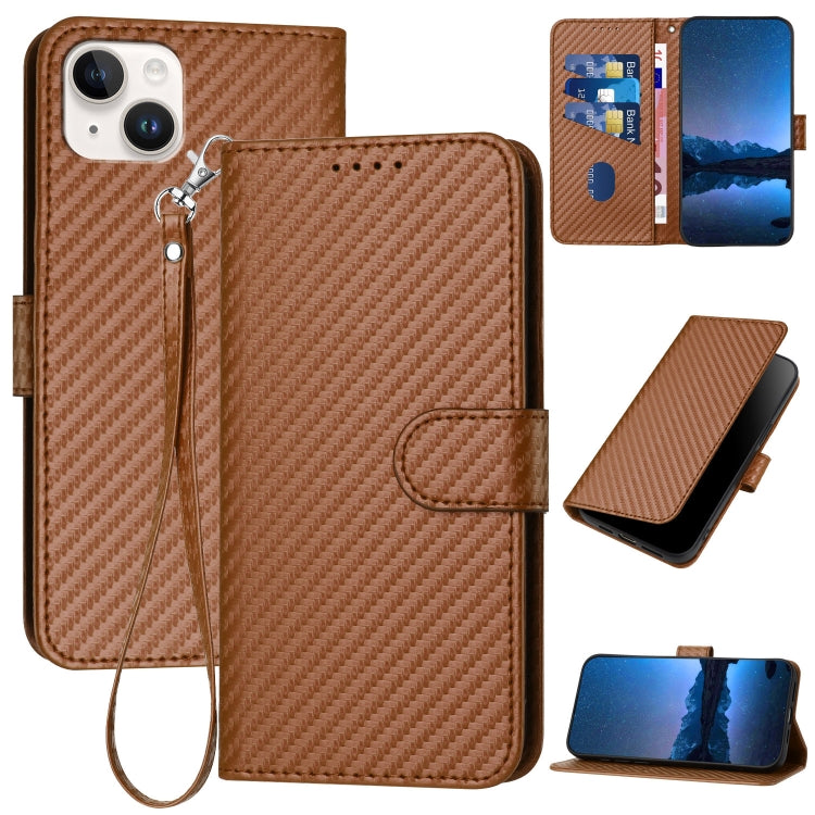 غطاء هاتف من جلد ألياف الكربون مع إبزيم وحبل معصم YX0070، لهواتف iPhone 16 Pro، iPhone 16 Plus، iPhone 16، iPhone 15 Pro Max، iPhone 15 Pro، iPhone 15 Plus