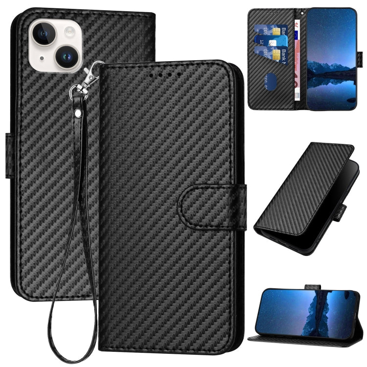 غطاء هاتف من جلد ألياف الكربون مع إبزيم وحبل معصم YX0070، لهواتف iPhone 16 Pro، iPhone 16 Plus، iPhone 16، iPhone 15 Pro Max، iPhone 15 Pro، iPhone 15 Plus