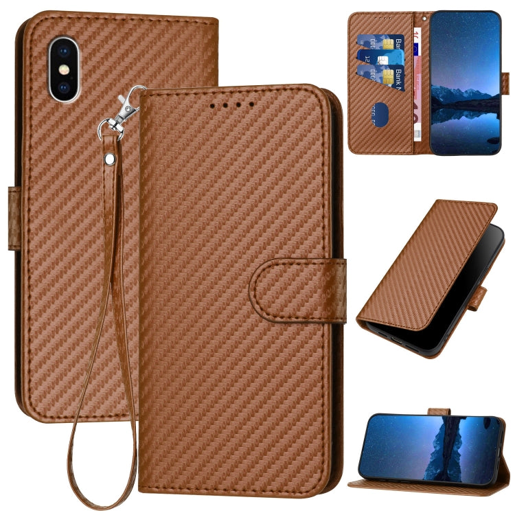 غطاء هاتف من جلد ألياف الكربون مع مشبك وحبل معصم YX0070، لهواتف iPhone 12 mini، iPhone 11 Pro Max، iPhone 11، iPhone 11 Pro، iPhone X / XS، iPhone XR