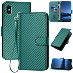 غطاء هاتف من جلد ألياف الكربون مع مشبك وحبل معصم YX0070، لهواتف iPhone 12 mini، iPhone 11 Pro Max، iPhone 11، iPhone 11 Pro، iPhone X / XS، iPhone XR