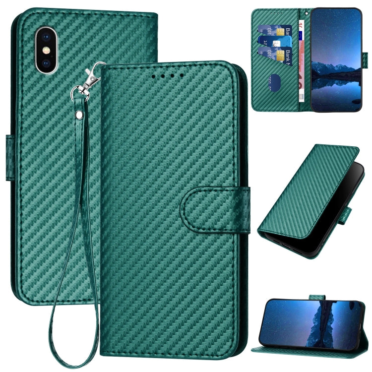 غطاء هاتف من جلد ألياف الكربون مع مشبك وحبل معصم YX0070، لهواتف iPhone 12 mini، iPhone 11 Pro Max، iPhone 11، iPhone 11 Pro، iPhone X / XS، iPhone XR
