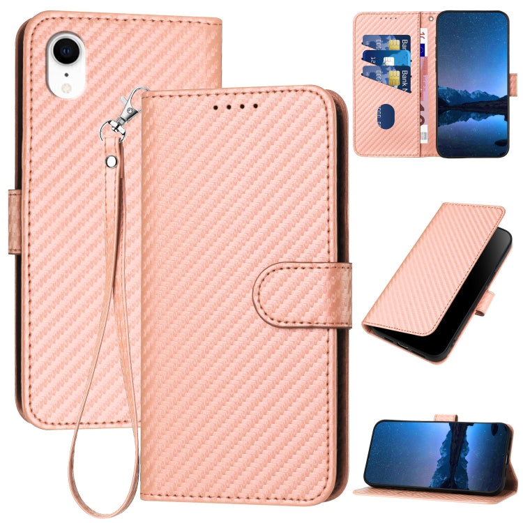 غطاء هاتف من جلد ألياف الكربون مع مشبك وحبل معصم YX0070، لهواتف iPhone 12 mini، iPhone 11 Pro Max، iPhone 11، iPhone 11 Pro، iPhone X / XS، iPhone XR
