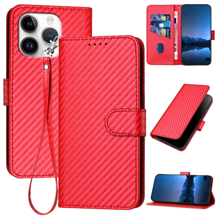 غطاء هاتف من جلد ألياف الكربون مع إبزيم وحبل معصم YX0070، لهواتف iPhone 16 Pro، iPhone 16 Plus، iPhone 16، iPhone 15 Pro Max، iPhone 15 Pro، iPhone 15 Plus