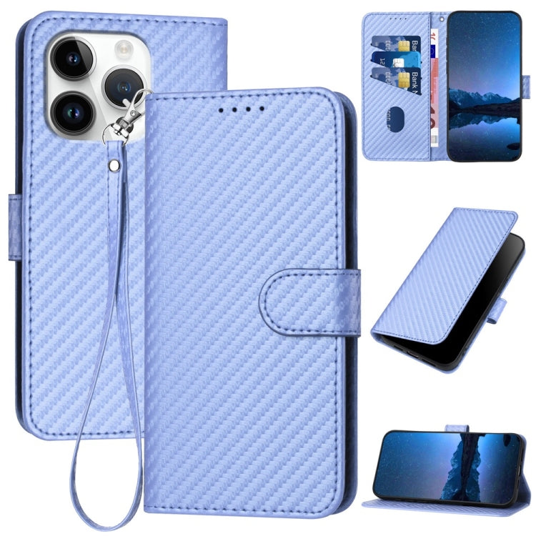 غطاء هاتف من جلد ألياف الكربون مع إبزيم وحبل معصم YX0070، لهواتف iPhone 16 Pro، iPhone 16 Plus، iPhone 16، iPhone 15 Pro Max، iPhone 15 Pro، iPhone 15 Plus