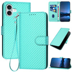غطاء هاتف من جلد ألياف الكربون مع إبزيم وحبل معصم YX0070، لهواتف iPhone 16 Pro، iPhone 16 Plus، iPhone 16، iPhone 15 Pro Max، iPhone 15 Pro، iPhone 15 Plus