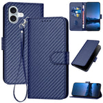 غطاء هاتف من جلد ألياف الكربون مع إبزيم وحبل معصم YX0070، لهواتف iPhone 16 Pro، iPhone 16 Plus، iPhone 16، iPhone 15 Pro Max، iPhone 15 Pro، iPhone 15 Plus