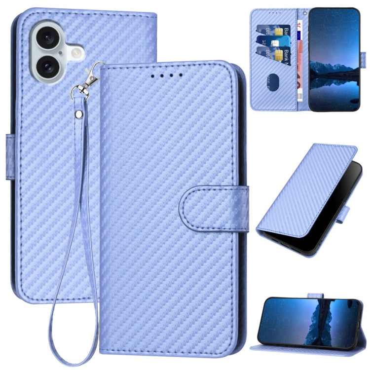 غطاء هاتف من جلد ألياف الكربون مع إبزيم وحبل معصم YX0070، لهواتف iPhone 16 Pro، iPhone 16 Plus، iPhone 16، iPhone 15 Pro Max، iPhone 15 Pro، iPhone 15 Plus
