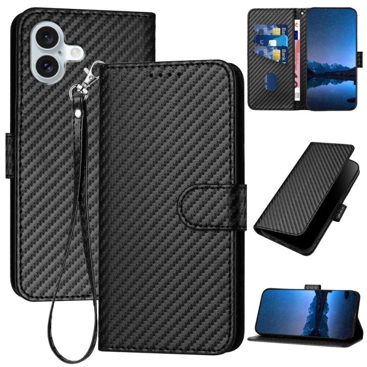 غطاء هاتف من جلد ألياف الكربون مع إبزيم وحبل معصم YX0070، لهواتف iPhone 16 Pro، iPhone 16 Plus، iPhone 16، iPhone 15 Pro Max، iPhone 15 Pro، iPhone 15 Plus