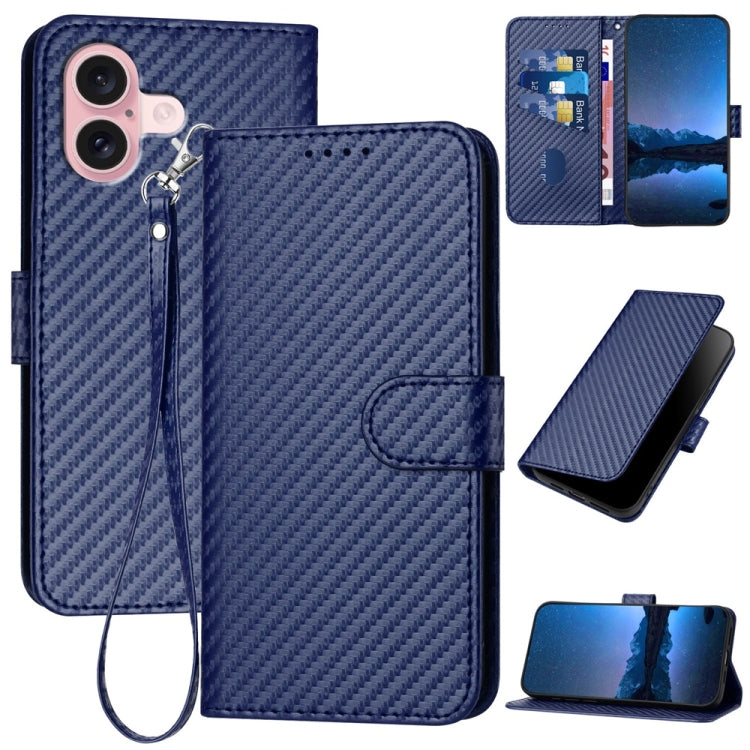 غطاء هاتف من جلد ألياف الكربون مع إبزيم وحبل معصم YX0070، لهواتف iPhone 16 Pro، iPhone 16 Plus، iPhone 16، iPhone 15 Pro Max، iPhone 15 Pro، iPhone 15 Plus