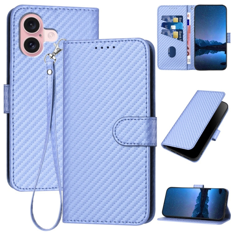 غطاء هاتف من جلد ألياف الكربون مع إبزيم وحبل معصم YX0070، لهواتف iPhone 16 Pro، iPhone 16 Plus، iPhone 16، iPhone 15 Pro Max، iPhone 15 Pro، iPhone 15 Plus