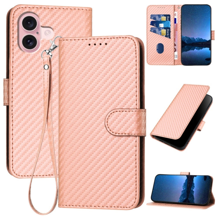 غطاء هاتف من جلد ألياف الكربون مع إبزيم وحبل معصم YX0070، لهواتف iPhone 16 Pro، iPhone 16 Plus، iPhone 16، iPhone 15 Pro Max، iPhone 15 Pro، iPhone 15 Plus