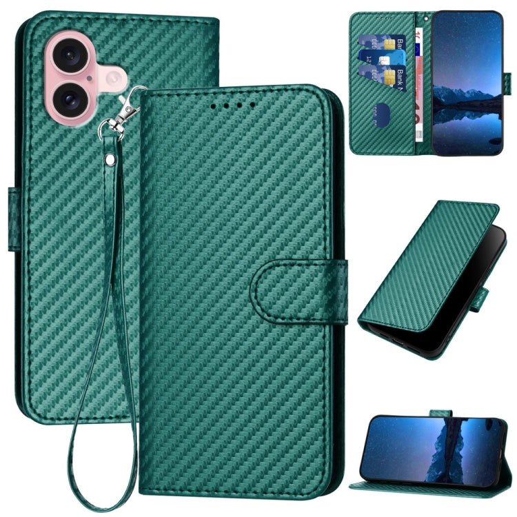 غطاء هاتف من جلد ألياف الكربون مع إبزيم وحبل معصم YX0070، لهواتف iPhone 16 Pro، iPhone 16 Plus، iPhone 16، iPhone 15 Pro Max، iPhone 15 Pro، iPhone 15 Plus