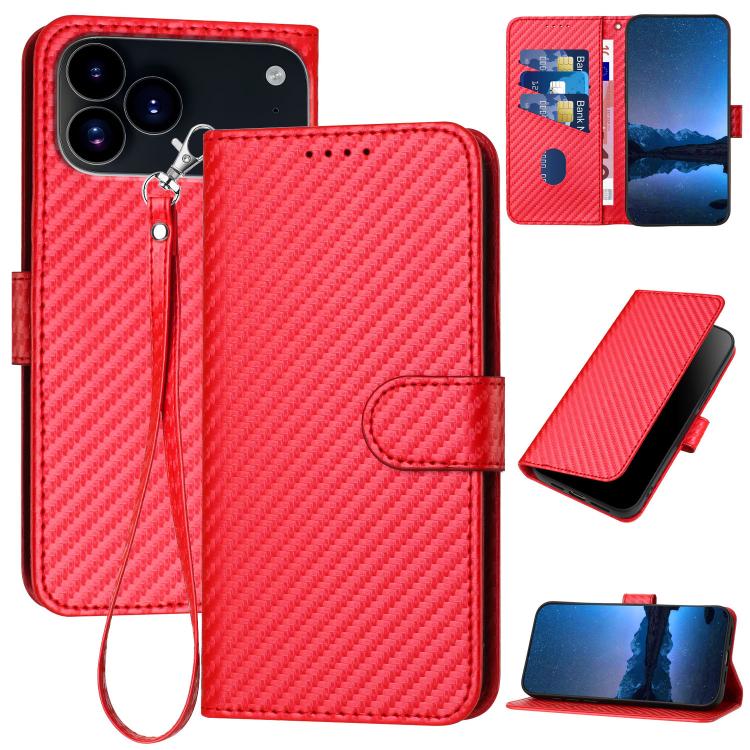 غطاء هاتف من الجلد بنقشة ألياف الكربون مع إبزيم وحبل معصم YX0070، لهواتف iPhone 17e / 16e، iPhone 17 Pro Max، iPhone 17 Pro، iPhone 17، iPhone Air، iPhone 16 Pro Max