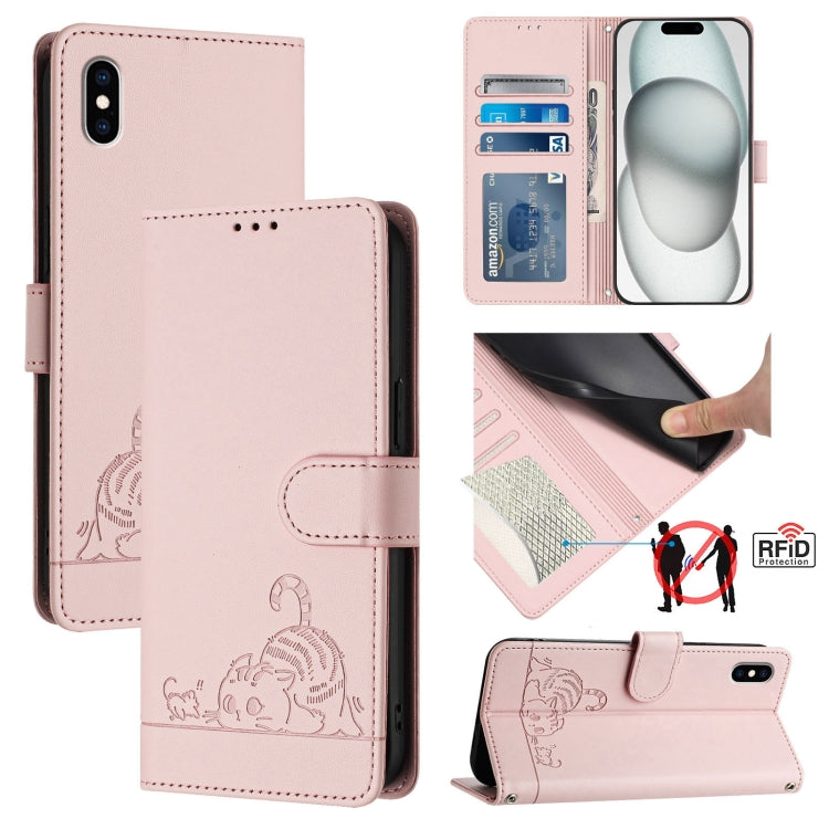 غطاء هاتف جلدي بنقش نمط قط وفأر مع حبل، لهواتف iPhone XR، iPhone XS Max، iPhone 8 Plus / 7 Plus