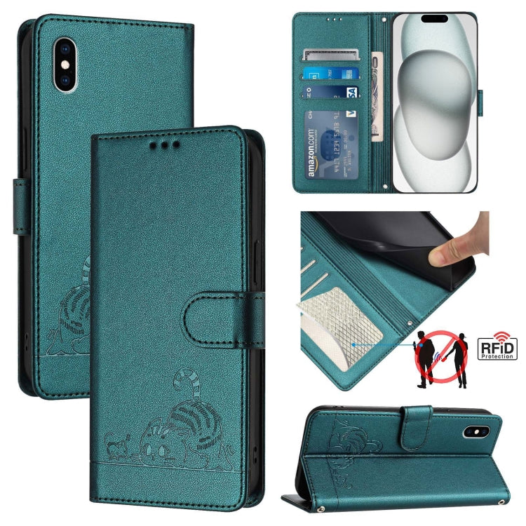 غطاء هاتف جلدي بنقش نمط قط وفأر مع حبل، لهواتف iPhone XR، iPhone XS Max، iPhone 8 Plus / 7 Plus