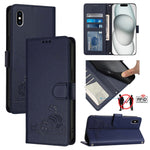 غطاء هاتف جلدي بنقش نمط قط وفأر مع حبل، لهواتف iPhone XR، iPhone XS Max، iPhone 8 Plus / 7 Plus