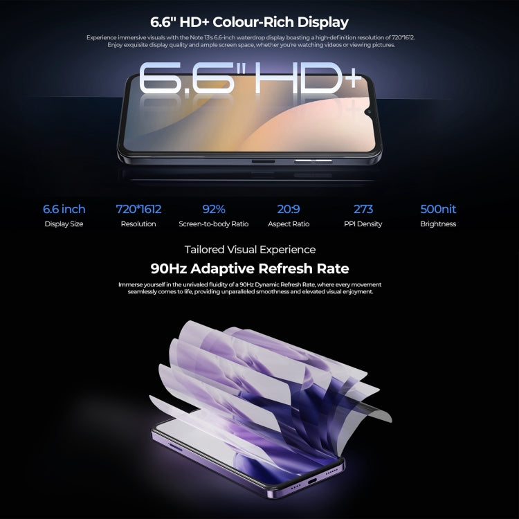 HOTWAV Note 13, Side Fingerprint Identification, 6.6 inch Android 13 T606 Octa Core up to 1.6GHz, Network: 4G, OTG, 4GB+128GB