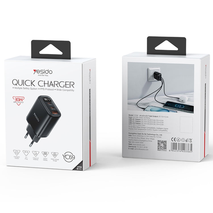 Yesido YC69 30W USB + Dual USB-C / Type-C Digital Display Charger, Specification:EU Plug, YC69