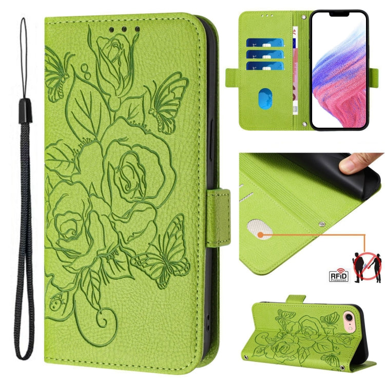Embossed Rose RFID Anti-theft Leather Phone Case, For iPhone 14 Pro Max, For iPhone SE 2022 / SE 2020 / 8 / 7, For iPhone 13 Pro Max, For iPhone 13 Pro, For iPhone 13 mini, For iPhone 12  / 12 Pro, For iPhone 12 Pro Max, For iPhone 12 mini