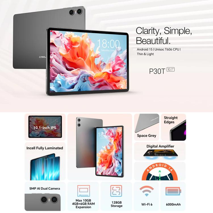 Teclast P30T Tablet PC with Leather Case & Keyboard 10.1 inch WiFi6,  Android 15 Unisoc T606 Octa-core, P30T