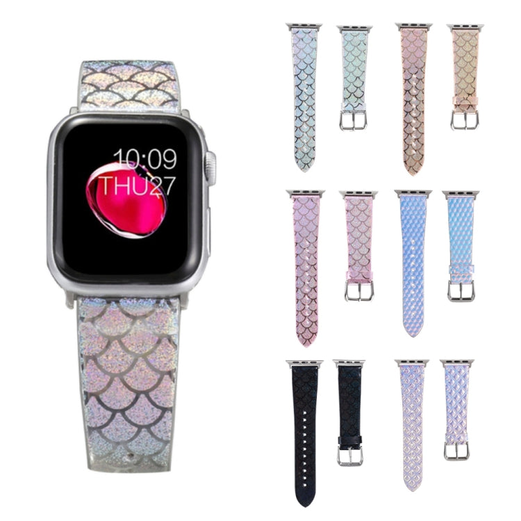 Discolor Glitter Fish Scale Texture Replacement Strap Watchband, For Apple Watch 5 & 4 40mm / 3 & 2 & 1 38mm, For Apple Watch 5 & 4 44mm / 3 & 2 & 1 42mm