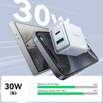 شاحن سريع JOYROOM JR-TCF15 بقوة 30 واط بمنفذي USB + USB-C / Type-C، قابس الاتحاد الأوروبي، قابس المملكة المتحدة