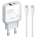شاحن سريع LDNIO Q229 QC3.0 / PD20W USB + Type-C مع كابل Type-C إلى Type-C بطول 1 متر، قابس الاتحاد الأوروبي، قابس المملكة المتحدة، قابس الولايات المتحدة