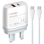 شاحن سريع LDNIO Q229 QC3.0 / PD20W USB + Type-C مع كابل Type-C إلى Type-C بطول 1 متر، قابس الاتحاد الأوروبي، قابس المملكة المتحدة، قابس الولايات المتحدة