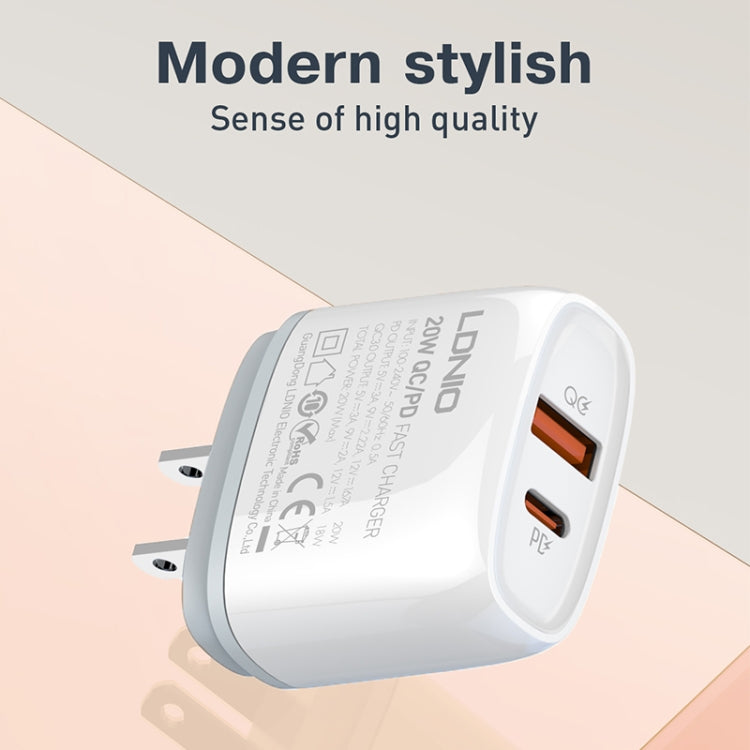 شاحن سريع LDNIO Q229 QC3.0 / PD20W USB + Type-C مع كابل Type-C إلى Type-C بطول 1 متر، قابس الاتحاد الأوروبي، قابس المملكة المتحدة، قابس الولايات المتحدة