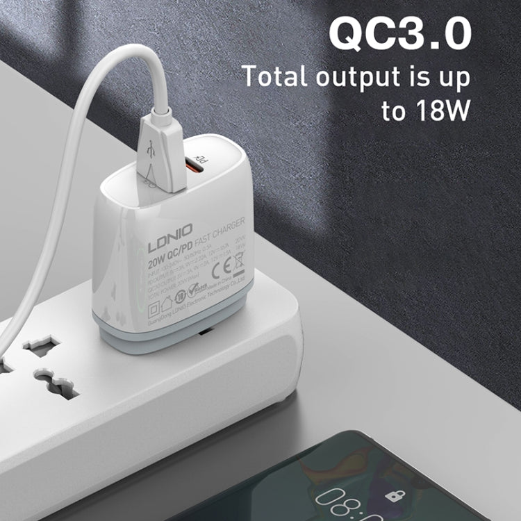 شاحن سريع LDNIO Q229 QC3.0 / PD20W USB + Type-C مع كابل Type-C إلى Type-C بطول 1 متر، قابس الاتحاد الأوروبي، قابس المملكة المتحدة، قابس الولايات المتحدة