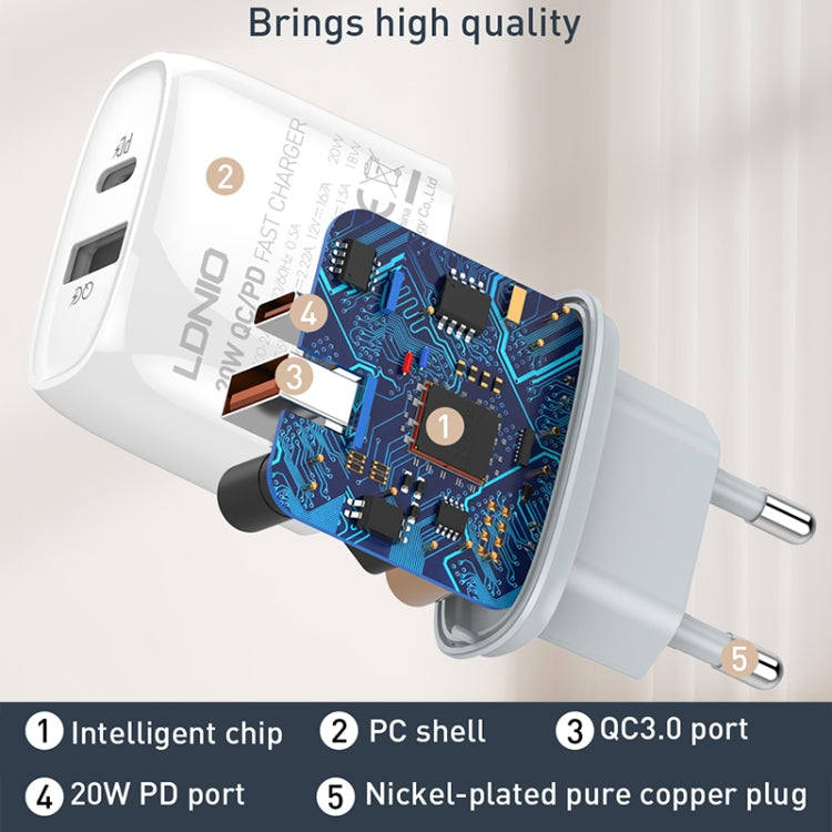 شاحن سريع LDNIO Q229 QC3.0 / PD20W USB + Type-C مع كابل Type-C إلى Type-C بطول 1 متر، قابس الاتحاد الأوروبي، قابس المملكة المتحدة، قابس الولايات المتحدة