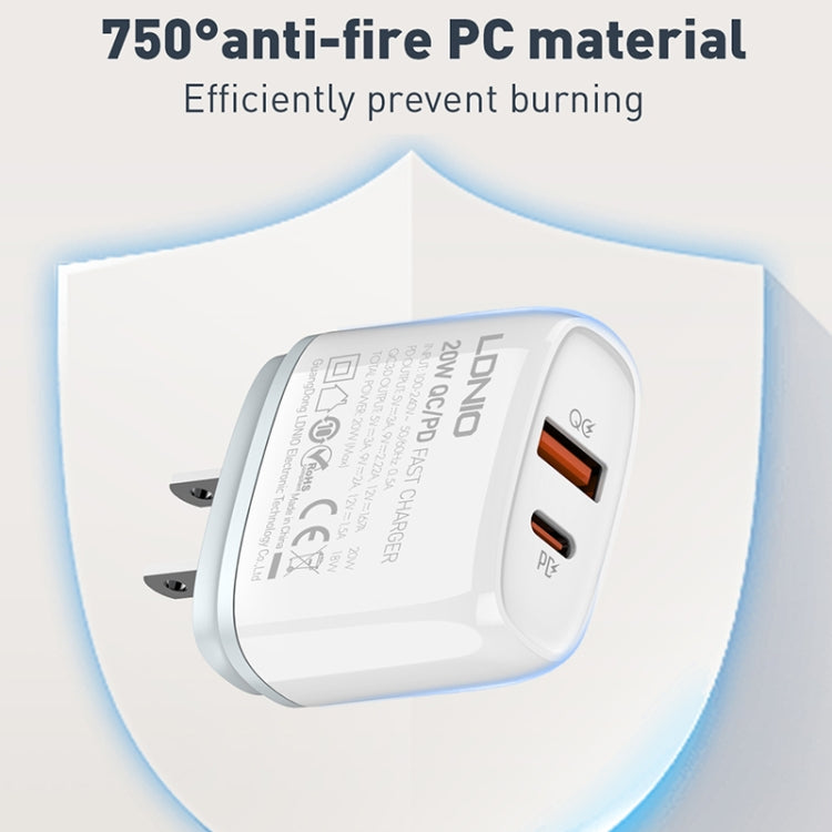 شاحن سريع LDNIO Q229 QC3.0 / PD20W USB + Type-C مع كابل Type-C إلى Type-C بطول 1 متر، قابس الاتحاد الأوروبي، قابس المملكة المتحدة، قابس الولايات المتحدة