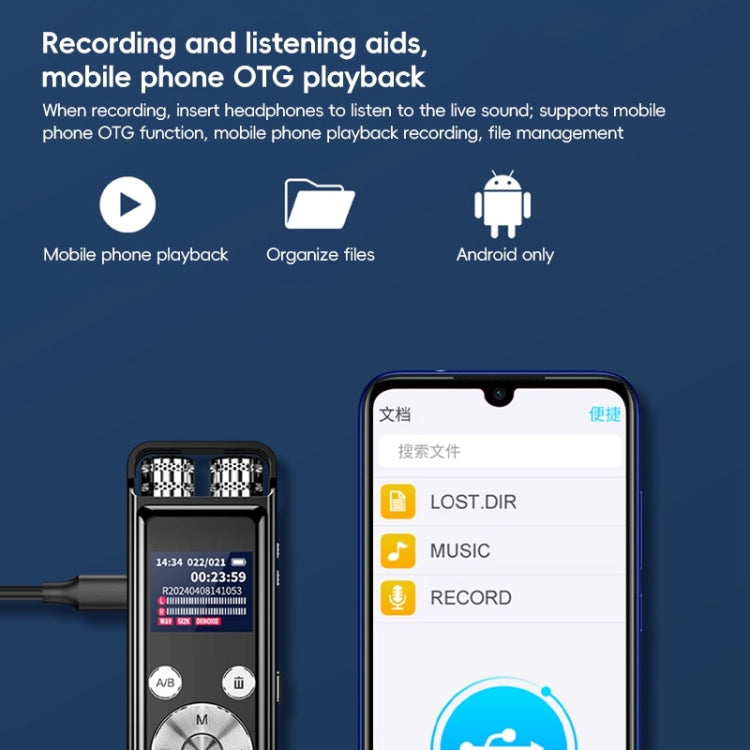 مسجل صوت ذكي مزود بميكروفون مزدوج متعدد الاتجاهات مع تقليل الضوضاء، 32GB، 64GB
