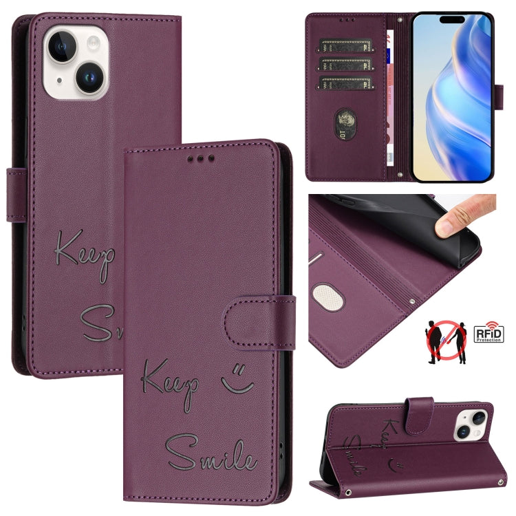 Smile Embossing RFID Leather Phone Case, For iPhone 14 Pro Max, For iPhone SE 2022 / 2020 / 8 / 7, For iPhone 13 Pro Max, For iPhone 13 Pro, For iPhone 13 mini, For iPhone 12 / 12 Pro, For iPhone 12 Pro Max, For iPhone 12 mini