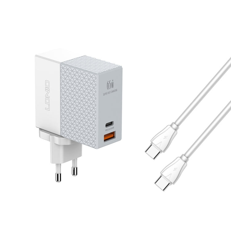 شاحن سفر LDNIO A2620C PD3.0 بقوة 65 واط مع كابل Type-C إلى Type-C، قابس الاتحاد الأوروبي، قابس الولايات المتحدة، قابس المملكة المتحدة