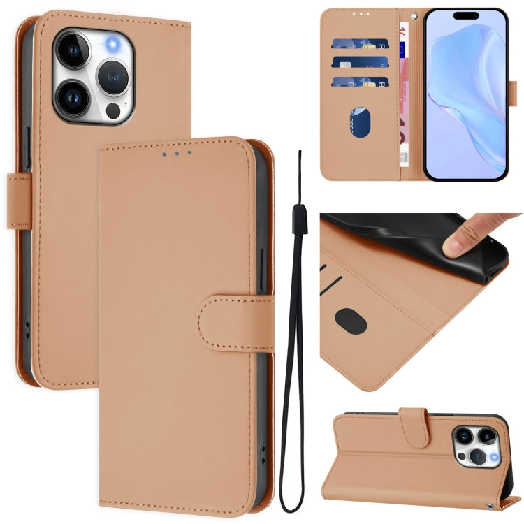 غطاء هاتف جلدي بلون صلب مع ملمس يشبه الجلد وحبل معصم، لهواتف iPhone 16 Pro، iPhone 16 Plus