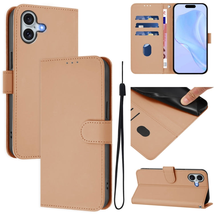 غطاء هاتف جلدي بلون صلب مع ملمس يشبه الجلد وحبل معصم، لهواتف iPhone 16 Pro، iPhone 16 Plus