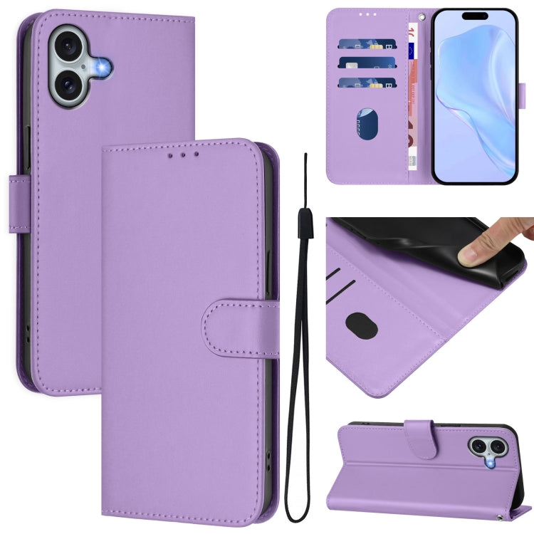 غطاء هاتف جلدي بلون صلب مع ملمس يشبه الجلد وحبل معصم، لهواتف iPhone 16 Pro، iPhone 16 Plus