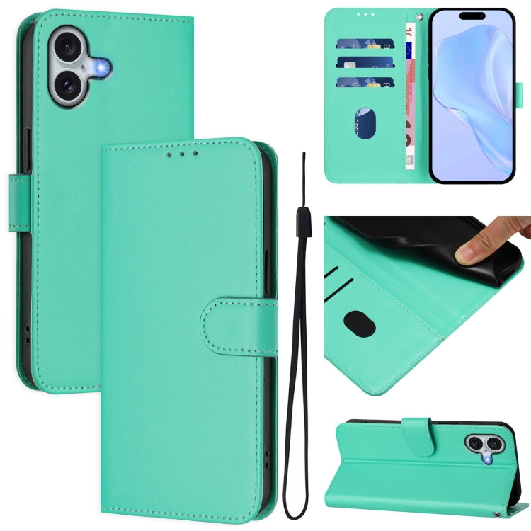 غطاء هاتف جلدي بلون صلب مع ملمس يشبه الجلد وحبل معصم، لهواتف iPhone 16 Pro، iPhone 16 Plus