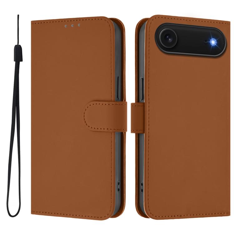 غطاء هاتف جلدي بلون صلب مع ملمس يشبه الجلد وحبل معصم، لهواتف iPhone Air، iPhone 16 Pro Max