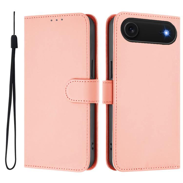 غطاء هاتف جلدي بلون صلب مع ملمس يشبه الجلد وحبل معصم، لهواتف iPhone Air، iPhone 16 Pro Max