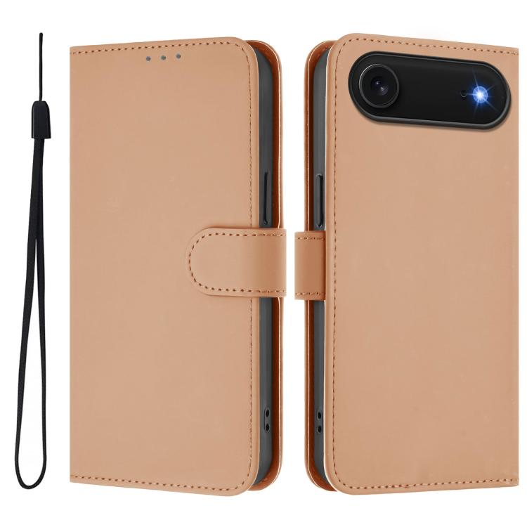 غطاء هاتف جلدي بلون صلب مع ملمس يشبه الجلد وحبل معصم، لهواتف iPhone Air، iPhone 16 Pro Max