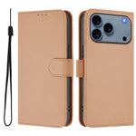 غطاء هاتف جلدي بلون صلب مع ملمس يشبه الجلد وحبل معصم، لهواتف iPhone 17e / 16e، iPhone 17 Pro Max
