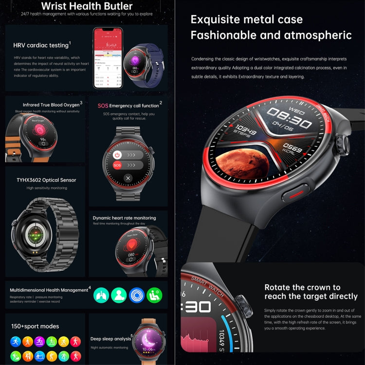 T82 1.43 inch Round Screen BT Call Smart Watch, Heart Rate / Blood Pressure / Blood Oxygen / Sleep / Blood Sugar / HRV / Metope / SOS, Silicone Black, Silicone Red, Silicone Blue, Leather Brown, Leather Black, Stainless Steel Black