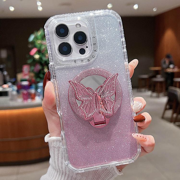 Mirror Butterfly Holder Glitterr MagSafe Phone Case, For iPhone 16 Pro Max, For iPhone 16 Pro, For iPhone 16 Plus, For iPhone 16, For iPhone 15 Pro Max, For iPhone 15 Pro, For iPhone 15 Plus, For iPhone 15, For iPhone 14 Plus