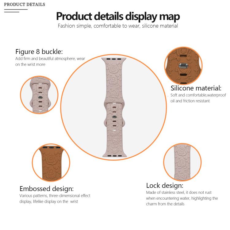 Kalebol 8-shaped Buckle Rose Embossed Silicone Watch Band, For Apple Watch 46mm / 49mm / 45mm / 44mm, For Apple Watch 42mm / 41mm / 40mm / 38mm