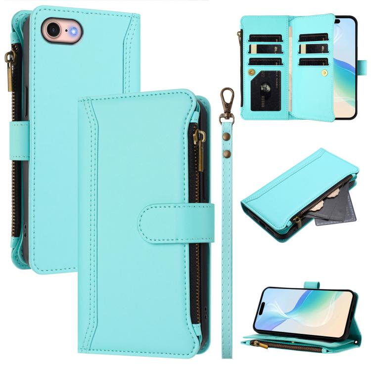 Magnetic Closure 9 Card Slots Zipper Leather Case with Hand Strap, For iPhone 14 Pro Max, For iPhone SE 2022 / 2020 / 8 / 7, For iPhone 13 Pro Max, For iPhone 13 Pro, For iPhone 13 mini, For iPhone 12 / 12 Pro, For iPhone 12 Pro Max, For iPhone 12 mini