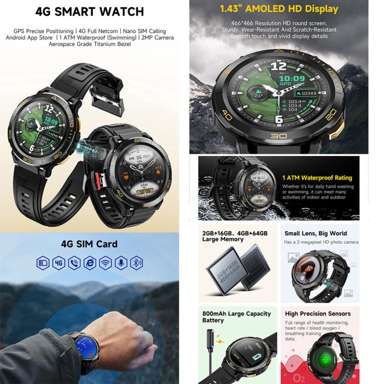 UNIWA DM300 4G Android Watch Phone, 1.43 inc Unisoc SL8541E Quad Core, Support Heart Rate / Blood Oxygen, 2GB+16GB, 4GB+64GB